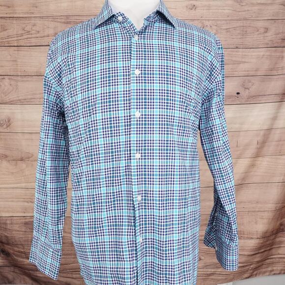 Tattersall London Shirt Mens XL 17-17.5 32/33 Blue Teal Plaid Button Front - Picture 3 of 8
